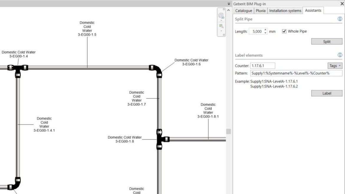 Numerotarea secţiunilor de ţeavă în plug-in-ul Geberit BIM