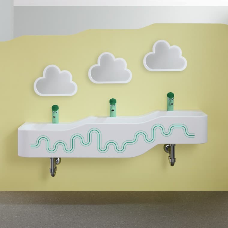 Spaţiu de joacă şi spălare Geberit Bambini în verde pădure şi verde deschis Spaţiu de joacă şi spălare Geberit Bambini în verde pădure şi verde deschis