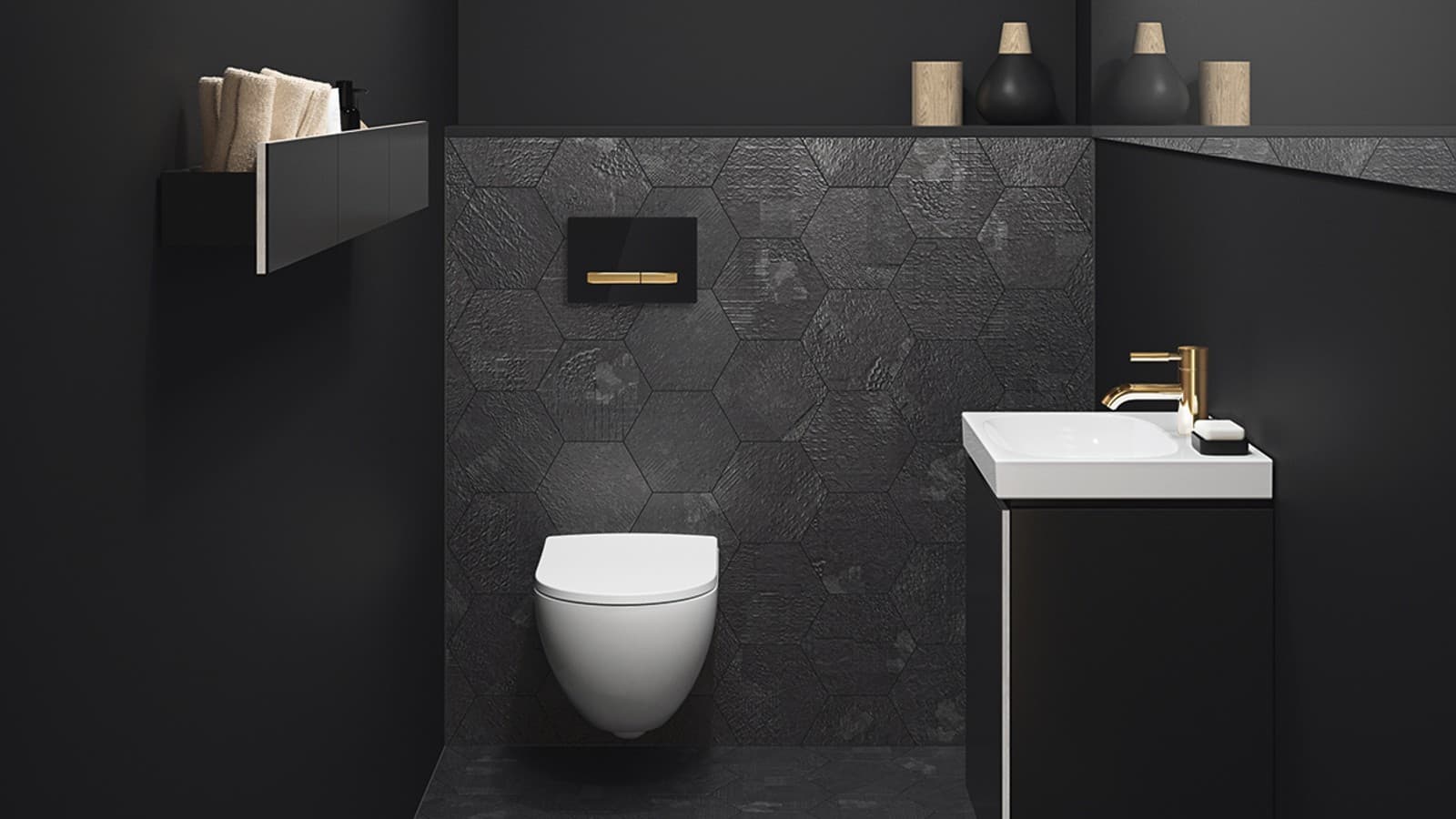 Baterii şi clapete de acţionare aurii combinate cu pereți în culori închise Baterii şi clapete de acţionare aurii combinate cu pereți în culori închise